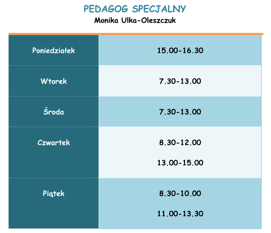 Godziny pracy pedagoga specjalnego Zespół Oświatowy w Stoku Lackim